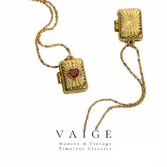 VAIGE Red Heart Locket Book Gold Necklace Embrace the exquisite charm of our Red Heart Locket Book Gold Necklace, a perfect blend of elegance and sentimentality. This stunning piece is designed to capture the essence of love, making it an ideal accessory for any occasion. Key Features: Elegant Design: The locket's heart shape symbolizes deep affection, making it a meaningful gift for loved ones. Perfect Size: With a pendant measuring 14.5x20mm, it's a charming accent that fits seamlessly into yo Vintage Necklace With Heart Charm, Vintage Necklace With Heart Charm As Gift, Vintage Heart Charm Necklace As Gift, Vintage Locket Charm Necklace For Mother's Day, Vintage Charm Heart Pendant Necklace For Mother's Day, Vintage Necklace With Heart Charm For Gift, Mother's Day Heart Pendant Necklace With Vintage Charm, Mother's Day Vintage Charm Heart Pendant Necklace, Mother's Day Pendant Necklace With Vintage Charm