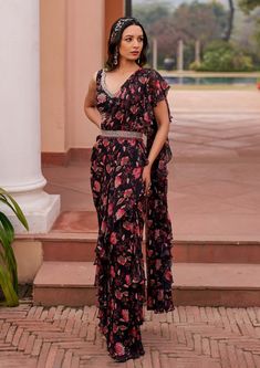 Chhavvi Aggarwal-Black Printed Draped Sari Set-INDIASPOPUP.COM Bohemian Style Floral Print Pre-draped Saree For Festivals, Elegant Black Embroidered Pre-draped Saree, Luxury Bohemian Pre-draped Saree With Floral Print, Diwali Floral Print Semi-stitched Pre-draped Saree, Bohemian Multicolor Block Print Pre-draped Saree, Embroidered Belt, Embroidered Blouse, Black Print, Contemporary Style