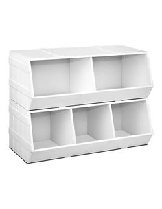 two white shelves are stacked on top of each other, one is open and the other is closed