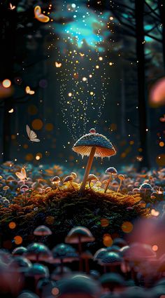 a mushroom in the middle of a forest with butterflies flying over it and lights coming from above