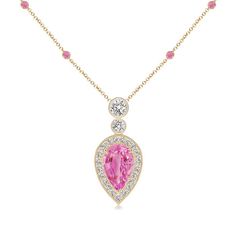 An inverted pear pink sapphire nestled in a halo of pavé set diamonds, connects to a decorative bale studded with bezel set diamonds. Adding to the exquisiteness of this pink sapphire drop pendant necklace are the station pink sapphires in bezel settings. Sparkling in a delightful pink hue, these sapphires are enhanced by the shimmering white diamonds. Pink Sapphire Necklace, Pink Sapphire Pendant, Necklace With Diamond, Drop Pendant Necklace, Halo Pendant, Bezel Set Diamond, Fancy Jewelry, Sapphire Necklace, Diamond Halo