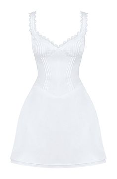 Lace Trim Bustier A Line Dress White DESIGN: Colour: White V-neck Sleeveless Bustier detail A-line design Pleated detail Structured design Concealed zipper at back Body sculpting design Gentle Dry Clean Only Length: Mini. Above knee MATERIAL: Silk + Polyester + Spandex High quality durable fabric. Delicate sewing and hemming by durable needle lockstitch machine. YKK zipper (known as the most durable and reliable zippers manufactured today). To maintain the beauty of your gartment, please follow the care instructions on the attached label. Colour may vary due to lighting on images. The product images (without model) are closest to the true colour of the item.     * Order one size up for a relaxed fit. * Pay special attention on measurements to ensure proper fit. * If you are Luxury Fitted Mini Dress With Lace Trim, Luxury A-line Mini Dress With Lace Trim, White Lace Bustier Dress, Luxury Fitted Bodice Dress For Confirmation, Luxury White Mini Dress With Lined Bodice, Luxury Off White Dress With Lace Trim, Luxury Mini Dress With Lace Trim And Fitted Bodice, Luxury White Dress With Back Zipper, Chic Fitted V-neck Corset Dress