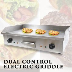 dual control electric griddle with two burgers on the top and side burners