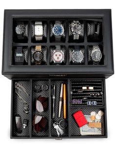 PRICES MAY VARY. The Yachtsman is a big watch box and dresser valet organizer combo.You will not find a better watch case to help a man organize his watch collection. Each watch storage box is Hand Made with the best scratch-proof materials and expert craftsmanship. Designed in USA. 10 extra wide watch slots. Large face watches need extra-wide watch slots and watch display pillows in order to not get scratched. So underneath a real glass lid, our roomy watch slots are 60mm across to accommodate Batman Lifestyle, Edc Storage, Dresser Valet, Jewelry Box Organizer, Mens Jewelry Box, Ring Tray, Watch Storage Box, Big Watches, Leather Jewelry Box