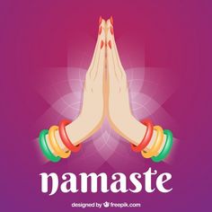 two hands with the words namaste in front of them, on a purple background