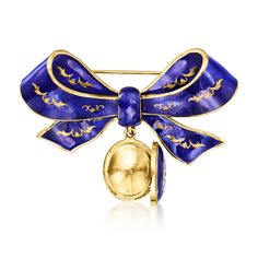 Ross-Simons - C. 1930 Vintage Blue Enamel Bow Pin/Pendant, Locket in 18kt Yellow Gold. C. 1930. Joining our Estate collection from the Art Deco era, this beautiful bow pin/pendant presents a pretty locket for storing meaningful memories. The blue enamel ribbon and drop are decorated with elegant 18kt yellow gold detailing. Push-pull safety. Double bale fits up to a 2.5mm chain, sold separately. Blue enamel bow pin/pendant. Exclusive, one-of-a-kind Estate Jewelry. Fine Jewelery, Bow Jewelry, Pin Pendant, Art Deco Era, Fine Jewelry Designers, Ribbon Bows, Estate Jewelry, Locket, Platinum