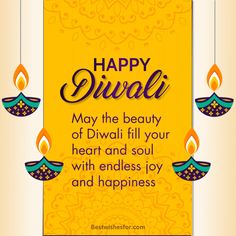 happy diwali greeting card with candles on yellow and white background for diwali