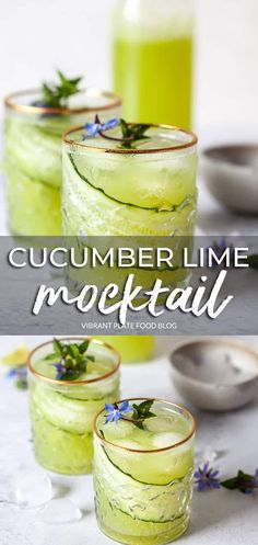 cucumber lime cocktail in glasses with blue flowers on the rim and text overlay