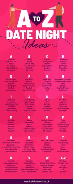 a to z date night poster with the names and dates for each type of event