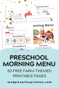 Homeschool preschool morning menu farm-themed free printables arranged together including images of watercolor barnyard, icons for each season, watercolor apple and fun gold stars on the background.