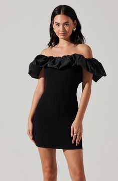 Off the shoulder mini dress Off-the-shoulder ruffle sleeves Fitted throughout Dry clean only Self: 55% Polyester, 29% Rayon, 16% Elastane / Contrast: 90% Polyester, 10% Nylon Style# ACDR102187 Mini Length Dresses With Elastic Shoulders For Party, Party Off-shoulder Mini Dress With Elastic Shoulders, Off-shoulder Mini Dress With Elastic Shoulders For Party, Elegant Off-shoulder Mini Dress With Elastic Shoulders, Chic Evening Mini Dress With Elastic Shoulders, Chic Mini Dress With Elastic Shoulders, Off-shoulder Mini Dress With Ruffles For Cocktail, Chic Black Ruched Off-shoulder Dress, Summer Party Mini Dress With Elastic Shoulders