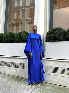 Sapphire Satin Kaftan Dress – Esmé New York Wedding Guest Dress Arab, Wedding Guest Abaya, Satin Kaftan Dress, Arab Clothes, Satin Kaftan, Butterfly Abaya, Work Vibes, Sapphire Dress, Modest Formal Dresses