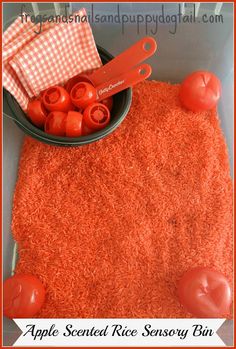 an apple themed rice sensory bar is displayed in a bowl with scissors and napkins