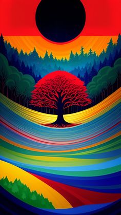 an abstract painting with trees and mountains in the background at sunset or sunrise, it looks like something from another planet