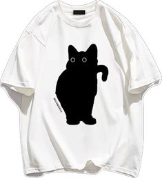 Summer Cotton T-shirt With Cat Design, Relaxed Fit Crew Neck T-shirt With Cat Print, Cat Design Short Sleeve T-shirt For Streetwear, Black Cat Print T-shirt For Streetwear, Relaxed Fit Cat Print T-shirt With Crew Neck, White Cat Design Top For Streetwear, White Cat Design Tops For Streetwear, White Cat Design T-shirt For Streetwear, White T-shirt With Cat Design For Streetwear