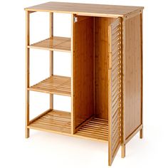 an open wooden cabinet with shelves on the bottom and one shelf in the middle, against a white background