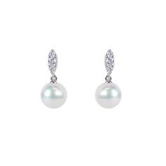 MIKIMOTO Akoya Cultured Pearl and Diamond White Gold Earrings 1/5ctw | REEDS Jewelers Timeless Platinum Drop Earrings, Elegant Platinum Diamond Earrings Gift, Elegant Platinum Diamond Earrings For Anniversary, Exquisite White Gold Drop Diamond Earrings, Diamond White Platinum Drop Earrings, Elegant Diamond White Earrings With Diamond Accents, Elegant Platinum Cluster Earrings As Gift, Elegant Platinum Diamond Earrings For Formal Occasions, Platinum Brilliant Cut Drop Earrings