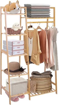 a wooden rack with clothes and other items on it