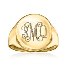 Ross-Simons - Monogram - Italian 14kt Yellow Gold Circle Signet Ring Size 7. Making for a classy addition to any type of outfit, signet rings are always a great choice for adding to your wardrobe or gifting. Made in Italy of luxe 14kt yellow gold, this timeless design becomes even more special with a FREE engraving of a monogram in your choice of block or script type. 1/2" wide. 14kt yellow gold personalized signet ring. Monogram Ring Gold, Diamond Anklet, Italian Gold Jewelry, Mixed Metal Bracelets, Pearl Bracelet Gold, Pearl Anklet, Engraved Initials, Fine Jewelery, Monogram Ring