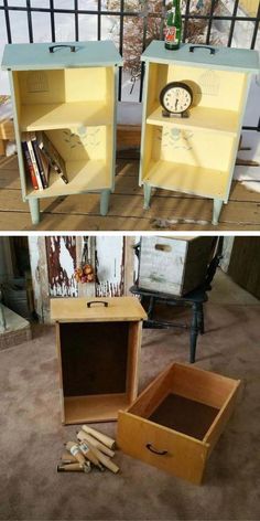 two different pictures of the same side table with one open drawer and another closed drawer