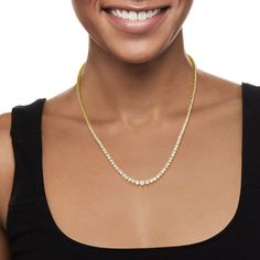 Ross-Simons - 3.00ct t. w. Diamond Tennis Necklace in 18kt Yellow Gold Over Sterling. 20". This 3.00 ct. t. w. round brilliant-cut diamond tennis necklace is a staple for the avid diamond lover. Dress it up or dress it down, this piece looks great on-duty or off. Shines in polished 18kt yellow gold over sterling silver. Graduates from 1/16" to 3/16" wide. Single-latch safety. Push-button clasp, diamond tennis necklace. Diamond birthstones are the perfect gift for April birthdays. Tennis Necklace Diamond, Lover Dress, Diamond Tennis Necklace, April Birthday, Diamond Birthstone, Necklace Diamond, Tennis Necklace, Round Brilliant Cut Diamond, Push Button