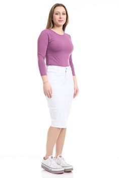 The Esteez Miami white denim skirt is a classic, tznius below the knee jean skirt that features a soft, stretch denim in conjunction with two sewn in concealed panels, one for tummy control, while the other gives a 'lift, slim and shape' to create a complimenting silhouette. With front pockets that can fit most smartphones, this skirt is an essential for your casual wardrobe. Available in sizes 0 to plus size 18 Butter denim jean skirt Very stretchy, soft fabric One-button closure Tummy control Fitted White Denim Skirt, Stretch Denim Knee-length Skirt, Chic Stretch Denim Pencil Skirt, Chic Fitted White Denim Skirt, Fitted Denim Pencil Skirt For Summer, Chic White Fitted Denim Skirt, White Pencil Skirt Bottoms For Spring, White Stretch Pencil Skirt For Spring, Spring Stretch Short Pencil Skirt