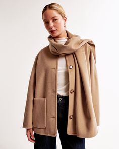 On-trend coat in our soft wool-blend fabric and mid-length silhouette, featuring front pockets, button-up front and a removable wool-blend scarf. Solid Outerwear With Button Closure For Everyday, Elegant Winter Outerwear For Everyday, Elegant Everyday Winter Outerwear, Winter Wool Coat With Pockets Button-up, Beige Outerwear With Button Closure For Cold Weather, Solid Wool Outerwear With Pockets, Wool Outerwear For Everyday Winter Use, Fall Outerwear With Buttoned Pockets, Fall Outerwear With Buttoned Pockets And Fold Down Collar