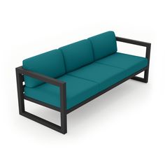 a blue couch sitting on top of a wooden frame