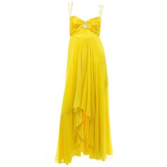 Gattinoni Yellow Silk Chiffon High Low Evening Dress w Cutout High Low Evening Dresses, Long Mermaid Dress, 1970 Dress, Oc Reference, Satin Evening Gown, Yellow Silk, Couture Vintage, Vintage Maxi Dress, Empire Style