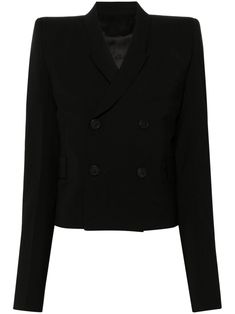 black virgin wool interlock weave peak lapels shoulder pads long sleeves buttoned-cuff sleeves chest welt pocket two side flap pockets two internal slip pockets full lining front button fastening Straight Shoulders, Blazer For Women, Cotton Blazer, Tailored Design, Long Sleeve Blazers, Wool Blazer, Black Blazers, Shawl Collar, Cuff Sleeves