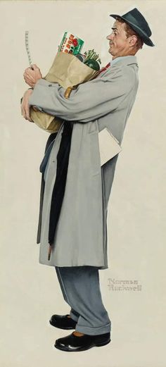 a painting of a man holding a paper bag