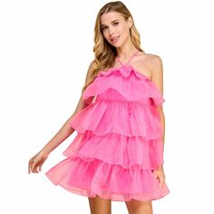 Haute couture inspired by Paris fashion week, our Barbie Pink Ruffle Tiered Dress gives you a high-fashion look without breaking the bank! She features a sleeveless halter neckline with tie closure, an open back, and a tiered voluminous silhouette... Chic Spring Halter Dress For Prom, Ruffle Halter Dress For Wedding, Spring Prom Halter Dress, Tiered Ruffle Dress For Party, Feminine Spring Halter Dress For Parties, Feminine Halter Dress For Spring Party, Feminine Tiered Ruffle Dress For Party, Sleeveless Ruffle Prom Dress, Sleeveless Ruffle Dress For Prom