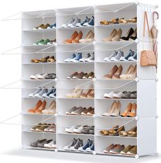 a white shoe rack filled with lots of shoes