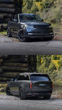 an suv parked on the side of a road next to a pile of logs and trees