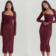 It's Easy To Fall In Love With This Gorgeous Lace Midi Dress As The Delicate Lace And Beautiful Rich Colouring Make It Feel Extra Special. Made From An Exquisite, Delicate, Scalloped Lace In Deep Claret, 'Gaia' Is Underpinned With A Figure Cinching Cafe Power Mesh In A Neutral Cafe-Au-Lait Tone. Gaia Features A Corseted Bodice That's Gorgeously Gathered With Lace Up Detailing To The Back. Complete With A Bolero Style Shrug, 'Gaia' Can Be Worn With Or Without Depending On Your Vibe. Wear Yours Wi Backyard Wedding Dress Guest Fall, Lacy Red Dress, Burgundy Dress With Sleeves, Blush Pink Cocktail Dress, Midi Off Shoulder Dress, Fall Color Wedding Guest Dresses, House Of Cb Lace Dress, Mexican Wedding Guest Dress, Maternity Guest Wedding Dress