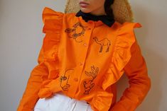 Dusty Pink Blouse, Shirt With Ruffles, Embroidered Orange, Juicy Orange, Cowboy Shirt, Reworked Vintage, Cowboys Shirt, Blouse Length, Pink Shirt