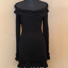 New, Unworn Black Ruffle Sweater Dress. Stretch Mini Dress With Ruffles For Winter, Chic Mini Dress With Ruffles For Winter, Fitted Mini Dress With Ruffles For Winter, Chic Ruffled Winter Mini Dress, Black Long Sleeve Mini Dress With Ruffle Hem, Goth Sweater, Goth Fits, My Tribe, Style Bundle