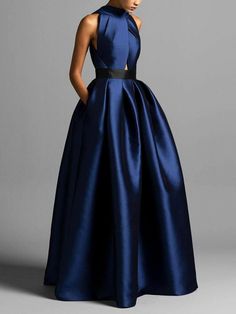 Elegant Pockets Halter Regular Fit Plain Maxi Dress Evening Dresses Midi Elegant, Mob Dresses For Fall Wedding, Blue Dress Long Sleeve, Elegant Blue Dress, Mob Dress, Wedding Outfits For Women, Fashion Highlights, Plain Maxi Dress, Gowns Dresses Elegant