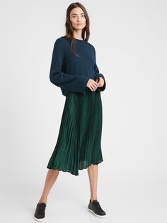 Satin Pleated Midi Skirt | Banana Republic Midi Skirt Y2k, Aline Midi Skirt, Satin Pleated Skirt, White Eyelet Skirt, Brocade Skirt, Midi Skirt With Pockets, White Striped Skirt, Striped Midi Skirt, Leather Midi Skirt