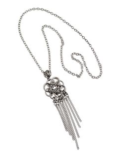 Lightweight and elegant, this piece will quickly become one of your wardrobe staples. The small Quantum Rose with Fringe pendant is 7/8" in width; height is approximately 3.75". This pendant comes on a seamless chain so you can slide the necklace over your head. (However you can choose to add a clasp if you prefer.) size guide Stainless steel jump rings, clasp (optional) and chain Elegant Stainless Steel Flower Pendant Jewelry, Elegant Stainless Steel Flower Pendant Necklace, Elegant Metal Dangle Chain Necklace, Elegant Metal Chain Necklace With Dangle, Elegant Metal Chain Necklace, Metal Flower Pendant Chain Necklace, Metal Dangle Box Chain Jewelry, Metal Flower Pendant Necklace With Chain, Metal Chain Necklace With Flower Pendant