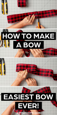 the instructions for how to make a bow out of plaid fabric are shown in three different ways