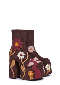 Current Mood Mushroom Daisy Vegan Suede Platform Boots - Brown – Dolls Kill 70 Summer Fashion, Cute Work Shoes, Colorful Platform Boots, Chunky 70s Heels, Cute Platform Shoes Aesthetic, Brown Gogo Boots, Fairy Shoes Aesthetic, Mushroom Boots, 70s Platform Boots