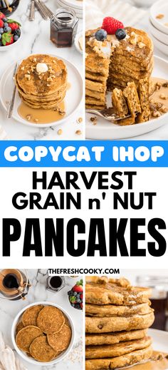 Stacks of harvest grain and nut pancakes an IHOP copycat recipe, to pin. Copycat Ihop Harvest Grain Pancakes, Whole Grain Pancake Recipe, Ihop Harvest Grain And Nut Pancakes, Harvest Grain And Nut Pancakes, Copycat Dennys 9 Grain Pancakes, 9 Grain Pancakes, Whole Grain Pancake Mix Recipe, Pancakes Ihop, Multigrain Pancakes