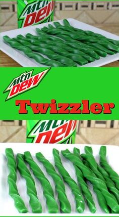 two pictures of green candy sticks on a white plate with the words twistzler next to it