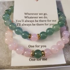 "Matching set of gemstone bracelets for couples, friends, or family Remind yourself of the special relationships you have with those that you adore with these couples/distance bracelets. Each set comes in a complimentary gift box with a note that reads: \"Wherever we go, Whatever we do, You'll always be there for me I'll always be there for you. One for you One for me\" Perfect for gift giving ; Christmas, Valentine's day, Birthday, long distance relationships or just friendships Bracelets are made with high quality, AAA grade genuine natural semi-precious 8mm gemstones and include a magnetic clasp to attach to one another.  (Your choice of silver or gold settings) Our bracelets are made with heavy duty 1mm elastic crystal string to ensure quality and strength. Available in several sizes, Green And Pink Bracelet, Aventurine Beaded Bracelet As Gift, Aventurine Gemstone Crystal Bracelet Gift, Gift Aventurine Gemstone Beads Bracelet, Friendship Gemstone Beaded Bracelets, Rose Quartz Gemstone Beaded Bracelets As Gift, Friendship Beaded Bracelets With Gemstone Beads, Aventurine Gemstone Beads Bracelet - Gift, Aventurine Gemstone Beaded Bracelets As Gift