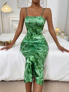 Green Elegant Collar Sleeveless Fabric All Over Print Cami Embellished Slight Stretch Summer Women Clothing Dress With Body Print, Black Women Green Dress, Shein Dresses Summer, Summer Dresses Shein, Birthday Nostalgia, A Line Summer Dresses, Bodycon Dress Outfit, Vestido Shein, Side Split Maxi Dress