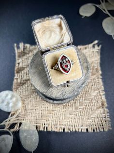 Antique Marquise Ring  15ct Gold Tested  Circa 1850 Fabulous, early Victorian ring. Beautiful marquise/navette shaped, decorated with gorgeous red & white enamel which is in perfect condition. The centre of the ring features a beautiful, natural diamond, crowned heart.  Set in lovely, yellow gold with fancy, diamond set shoulders. Such a beautiful piece!  Face of the ring measures approx height 20mm & width 12.6mm UK Size R US Size 8 1/2  Can be resized using our resizing service, please contact Antique Style Round Enamel Wedding Ring, Antique Marquise Diamond Ring, Victorian Marquise Ring For Anniversary, Victorian Marquise Cut Wedding Jewelry, Antique Marquise Jewelry For Wedding, Antique Marquise Wedding Jewelry, Antique 14k Stamped Ruby Wedding Ring, Vintage Marquise Jewelry For Gifts, Heirloom Style Oval Enamel Ring For Anniversary