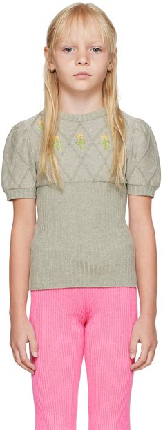 Cable knit cotton- and viscose-blend sweater. Metallic thread detailing throughout. · Rib knit crewneck, hem, and cuffs · Floral graphics embroidered at front Supplier color: Verde/Nero Model measures 51.5 / 130.8 cm tall and wears size 8-10Y. Size: child's height 6-8Y: 46.7-52.2 / 118.5-132.5 cm 8-10Y: 52.2-55.3 / 132.5-140.5 cm 10-12Y: 55.3-58.5 / 140.5-148.5 cm Spring Fitted Sweater With Ribbed Collar, Fitted Jacquard Knit Crew Neck Sweater, Fitted Jacquard Knit Sweater With Crew Neck, Fitted Embroidered Knit Sweater, Spring Crew Neck Knit Top With Ribbed Cuffs, Spring Knit Top With Ribbed Collar, Fitted Embroidered Crew Neck Sweater, Spring Ribbed Collar Knit Top, Embroidered Knit Crew Neck Top