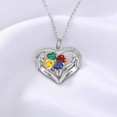 Treat yourself and your best friends to a bold, beautiful necklace that is truly one of a kind! Our Personalized Sterling Silver Wings and Hearts Necklace - 4 Custom Names 4 Birthstones is the perfect gifting option that complements your unique style perfectly, Handcrafted with the best quality stainless steel, this necklace is no doubt durable and long-lasting. Carefully crafted with stainless steel, this necklace is definitely worth investing in as it is durable and long-lasting. With regular Heart With Wings, Heart Shaped Necklace, Hearts Necklace, Silver Wings, Beautiful Necklace, Birthstone Necklace, Personalized Necklace, Fantastic Gifts, Name Necklace