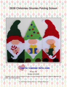 three gnomes with christmas trees and presents on their heads are featured in this cross stitch pattern